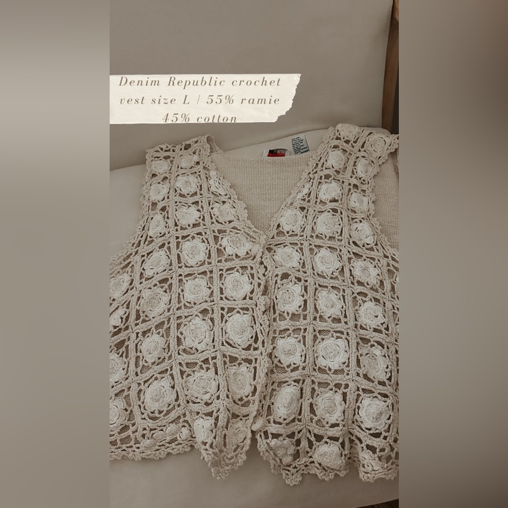 Tan and white vintage  crochet vest
